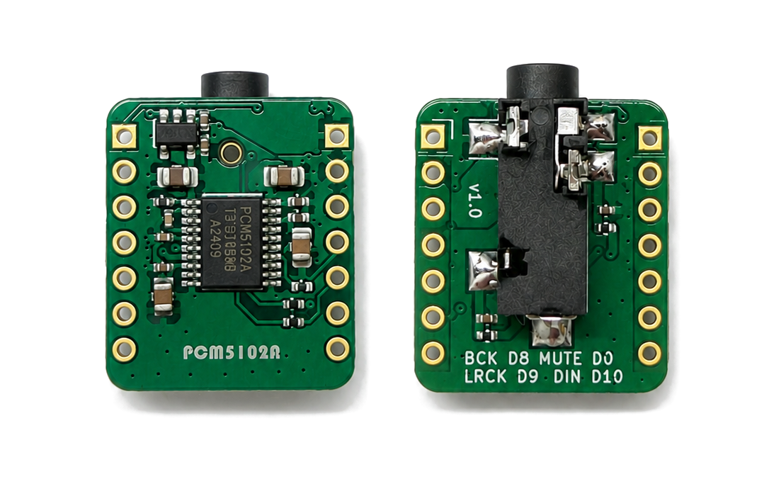 arply's DAC board, front and back - a Seeed XIAO ESP32-S3 paired with a PCM5102A DAC breakout